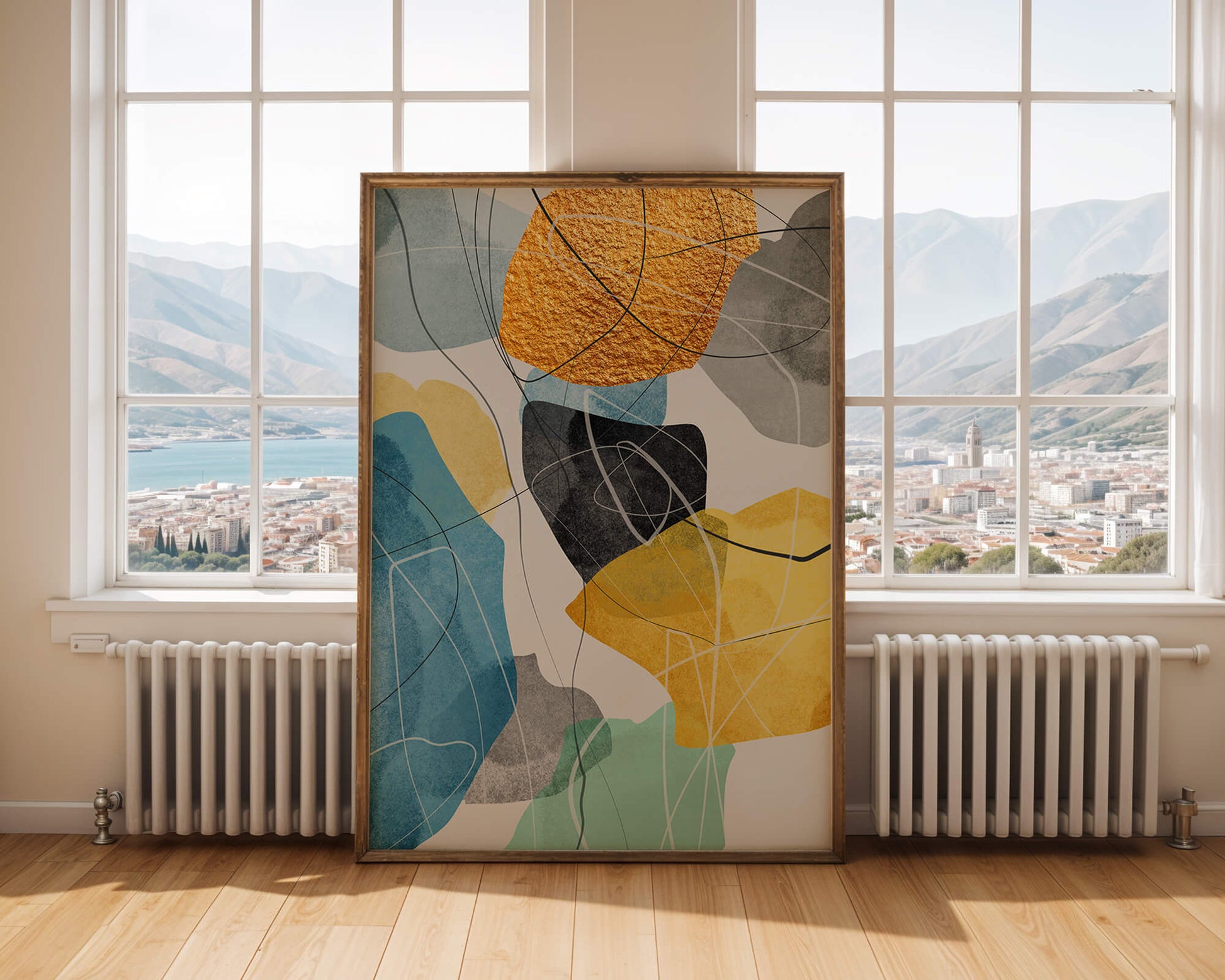 Arte geométrico abstracto con acentos dorados y colores vibrantes