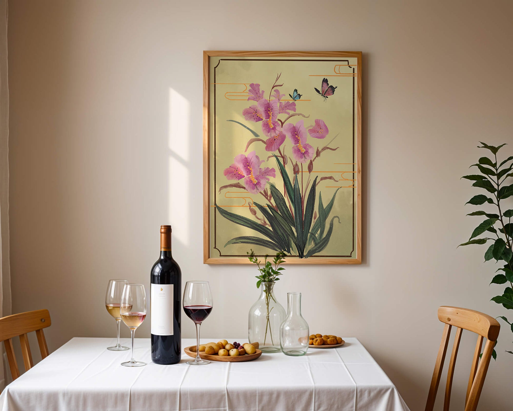 Elegant Floral Composition with Butterflies and Ornamental Background