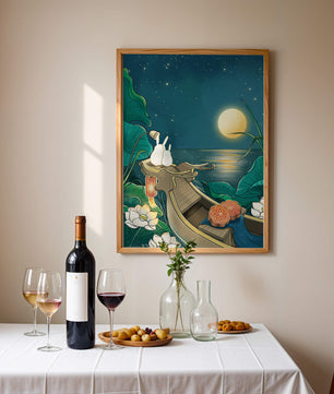 Ilustración serena de conejos contemplando una luna brillante sobre un lago tranquilo