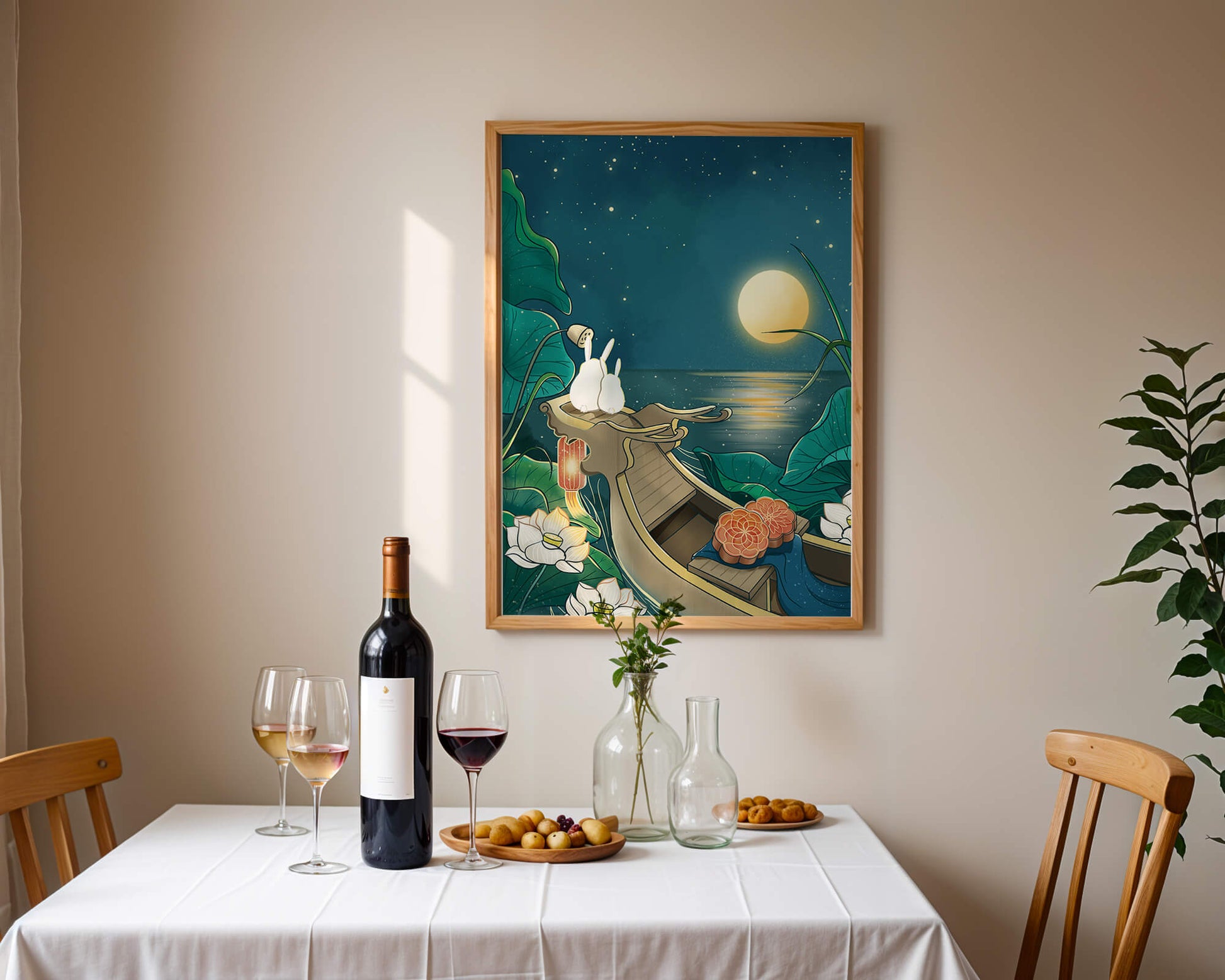 Serene illustration of rabbits gazing at a bright moon on a tranquil lake