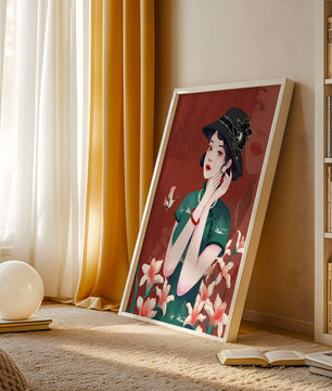 Elegant woman in vintage attire with floral hat and lilies