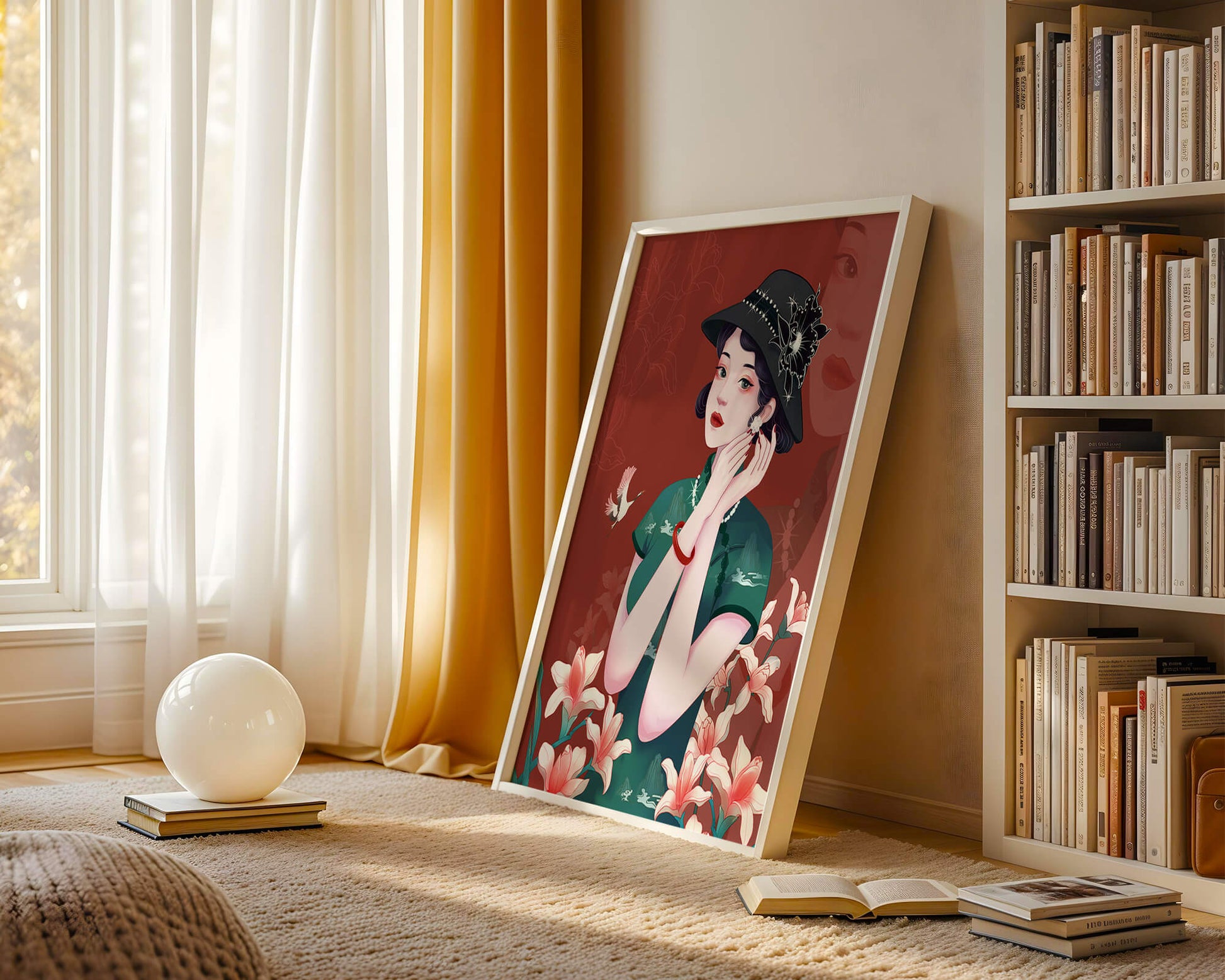Elegant woman in vintage attire with floral hat and lilies