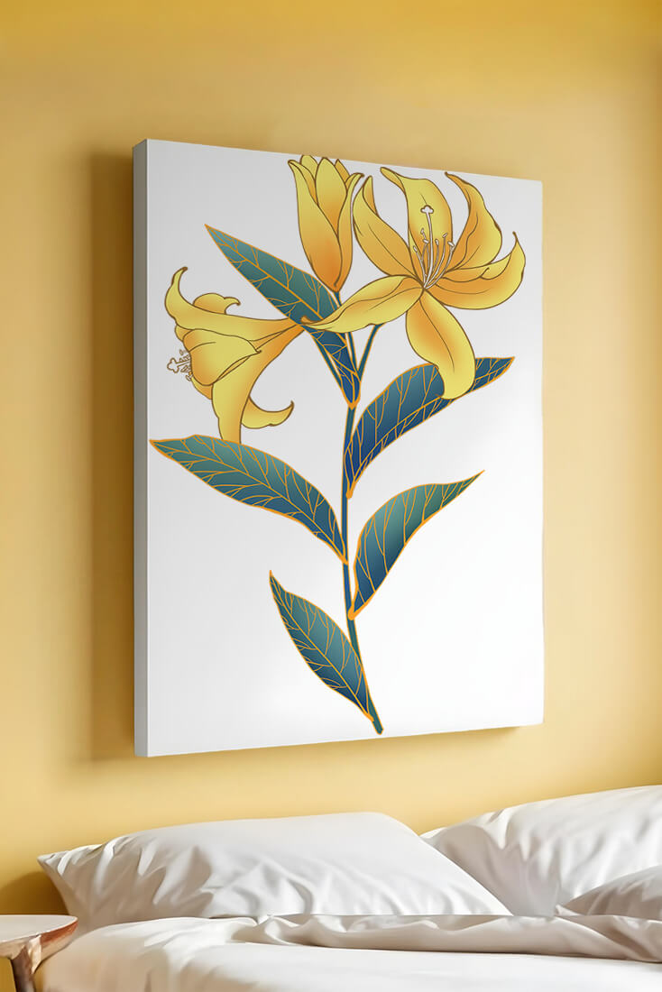 Elegant golden lily illustration with intricate leaf details