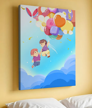 Ilustración caprichosa de niños en el cielo con globos de colores