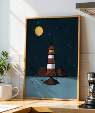 Escena nocturna tranquila con faro y estrellas que reflejan serenidad