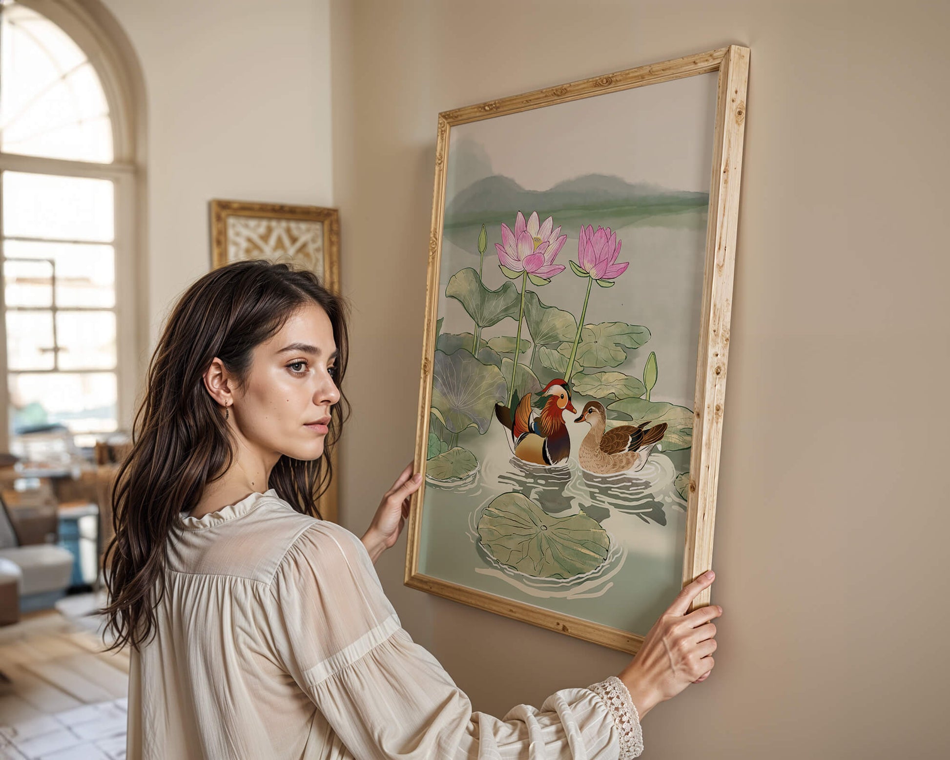 Patos mandarines y flores de loto en un estanque tranquilo