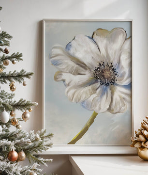 Art captivant de fleurs blanches avec des nuances de bleu sur un fond pastel
