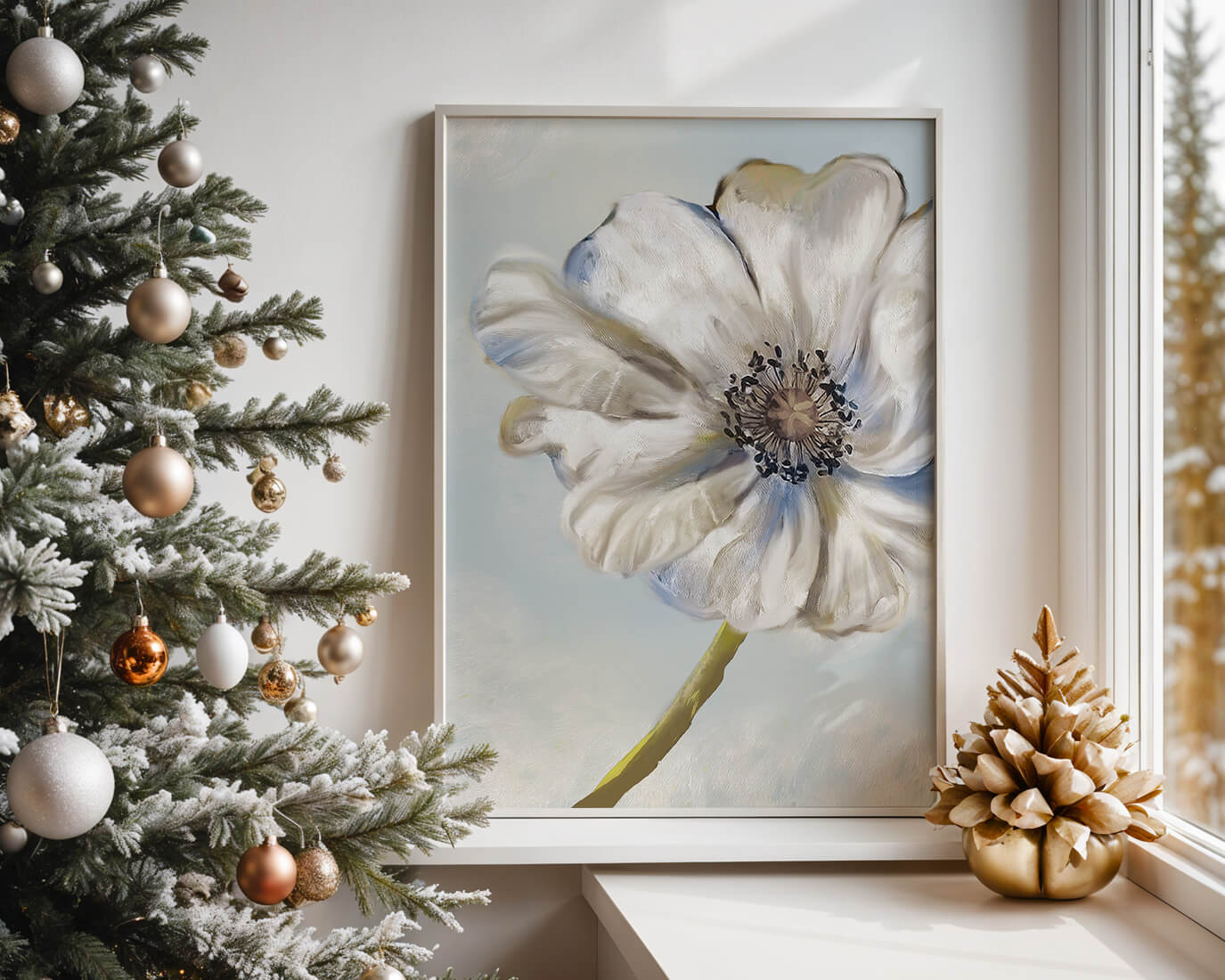 Captivating white flower art with blue hues on a pastel background