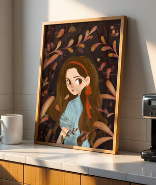 Ilustración elegante de una chica rodeada de follaje abstracto