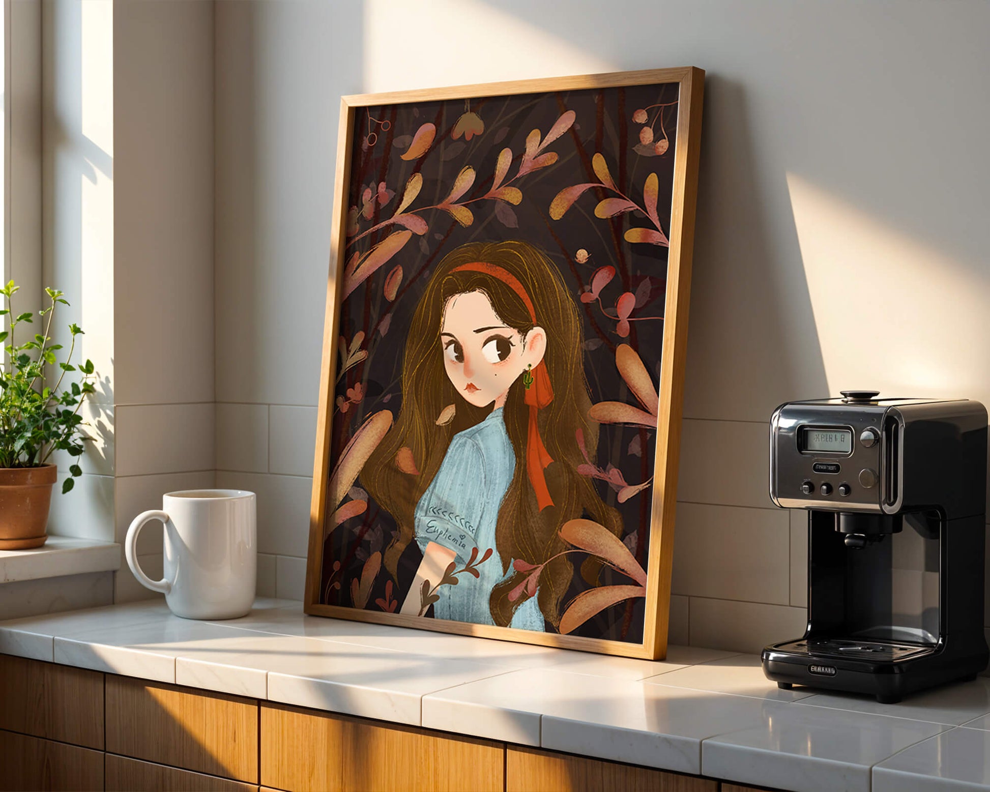 Elegante ilustración de una niña rodeada de follaje abstracto.