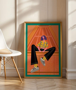 Stylish woman sitting in a vibrant geometric setting