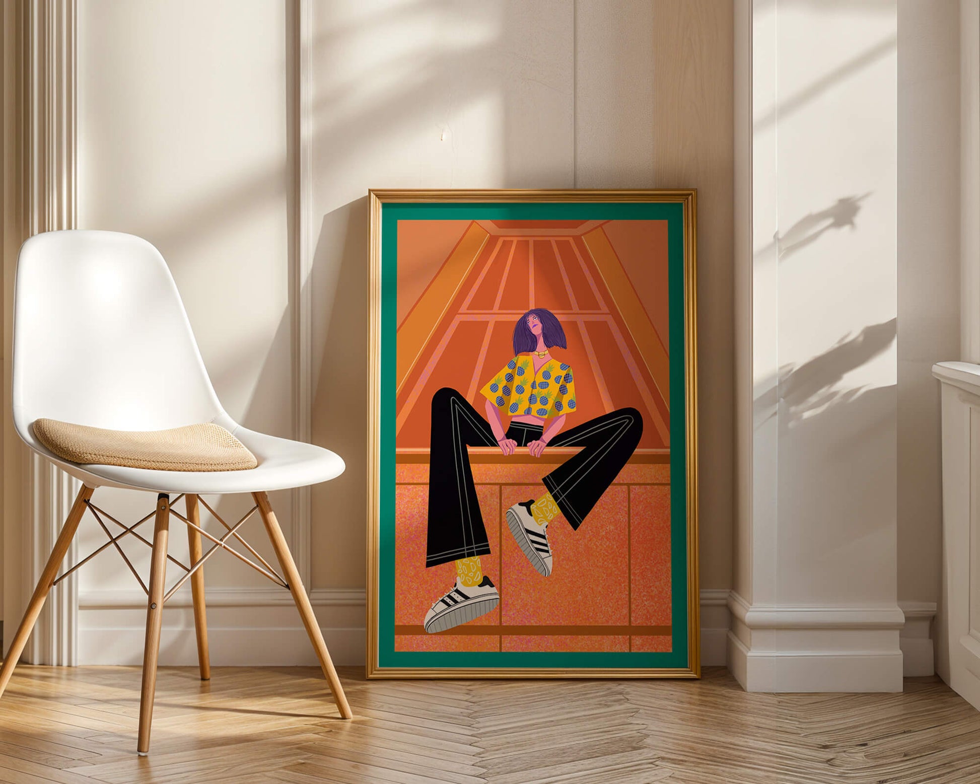 Stylish woman sitting in a vibrant geometric setting