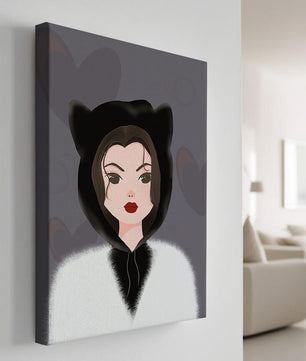 Illustration of a woman in a cat hoodie on a soft gray background