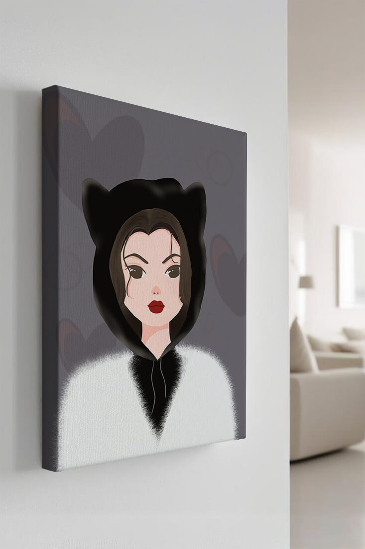 Illustration of a woman in a cat hoodie on a soft gray background