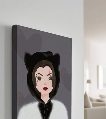 Illustration of a woman in a cat hoodie on a soft gray background
