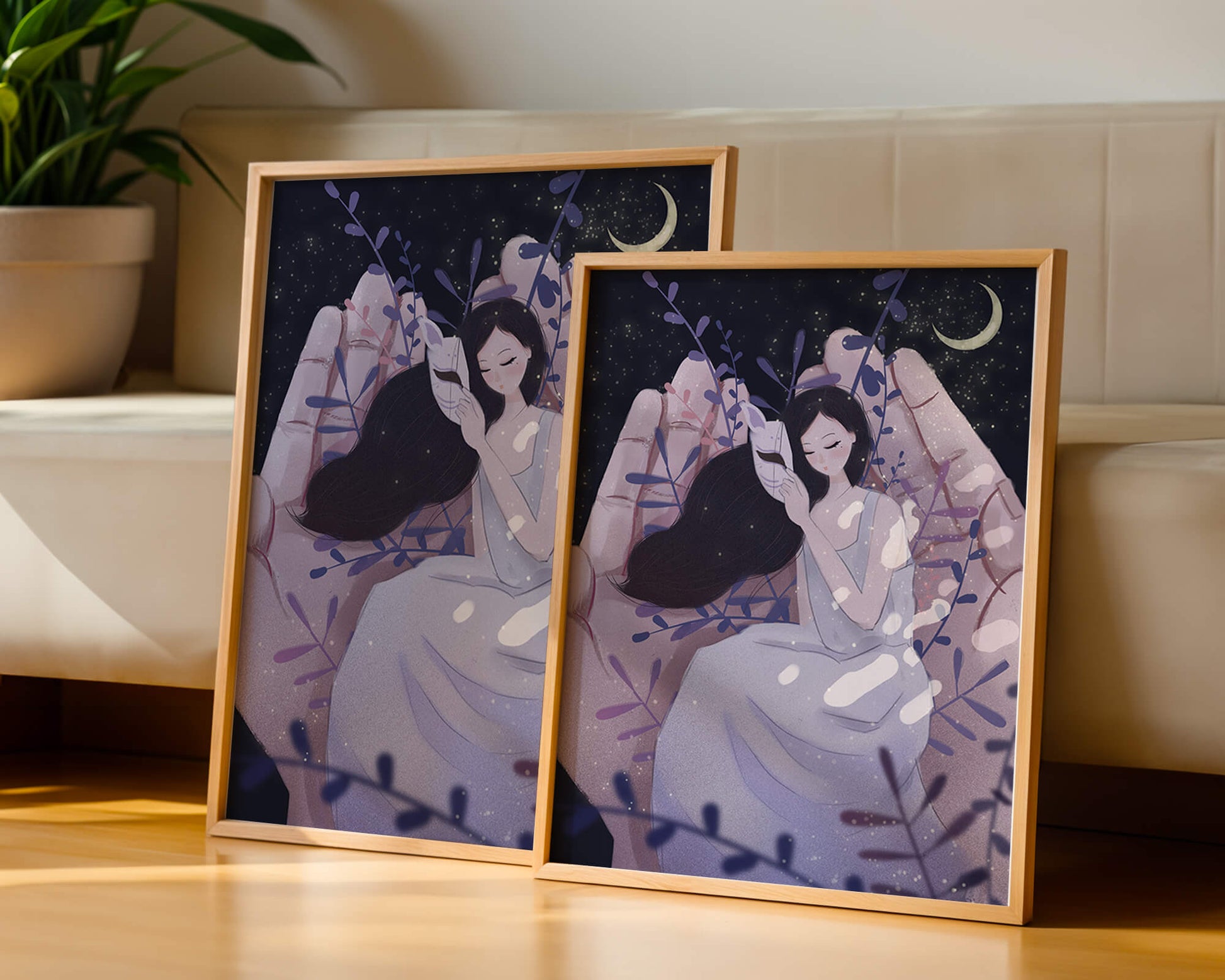 Un momento tierno bajo la luz de la luna con máscara y atmósfera onírica