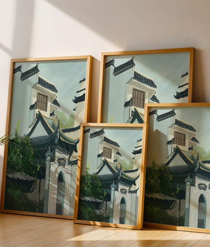 Traditional Asian architecture with lush greenery