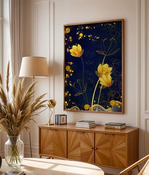 Elegant floral artwork with golden accents on deep blue background