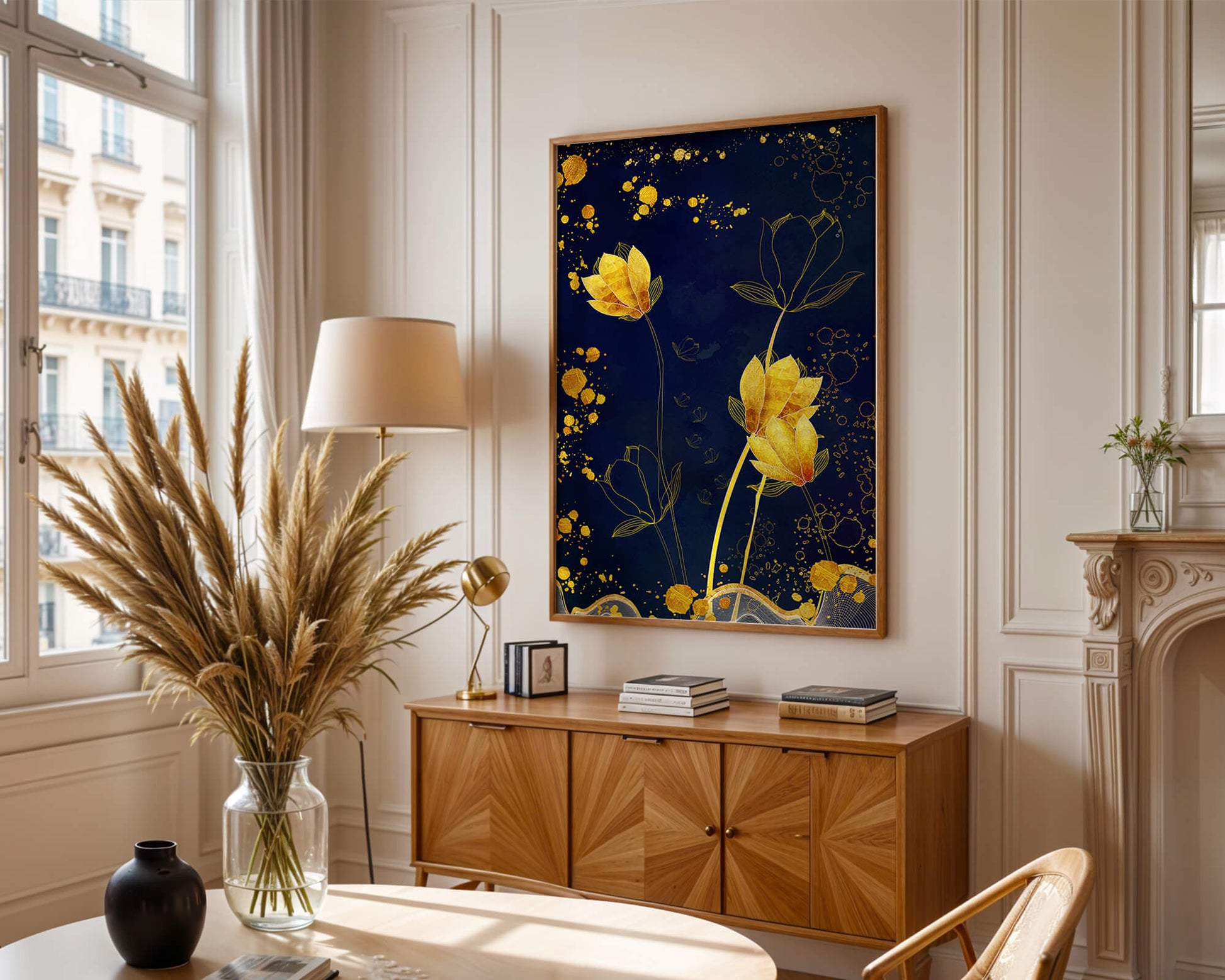 Elegant floral artwork with golden accents on deep blue background