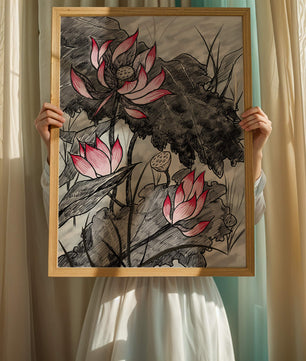 Illustration complexe de fleurs de lotus roses avec des feuilles