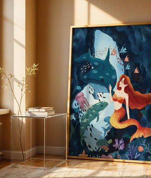 Underwater scene with a mermaid interacting with sea creatures in a vibrant ocean cave