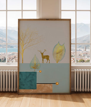 Abstrakte Komposition mit goldenem Hirsch und Blättern auf strukturiertem Hintergrund