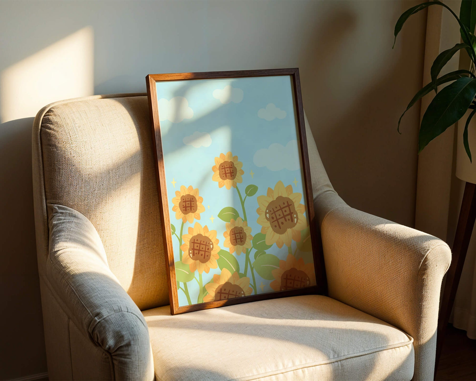 Sunflowers Under Blue Sky with Floating Clouds