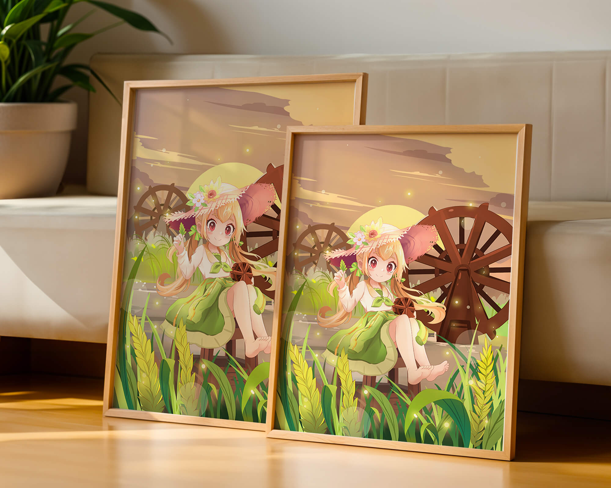 Enchanted countryside scene with a cute character and vibrant nature
