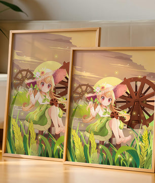 Enchanted countryside scene with a cute character and vibrant nature