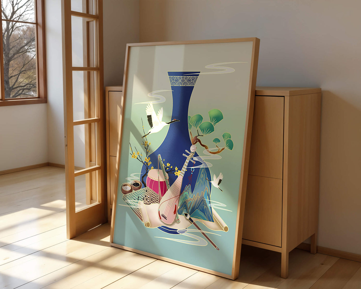Traditional Asian art scene featuring vase, musical instruments, and cranes