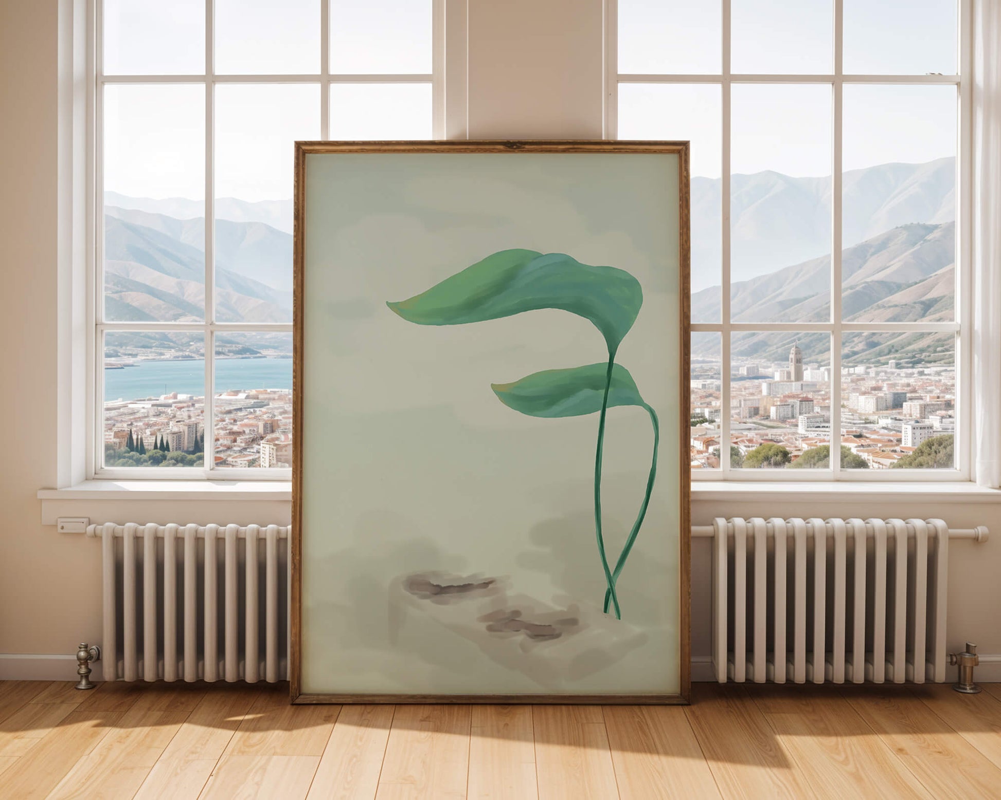 Minimalistic Art of Green Leaves on Abstract Background