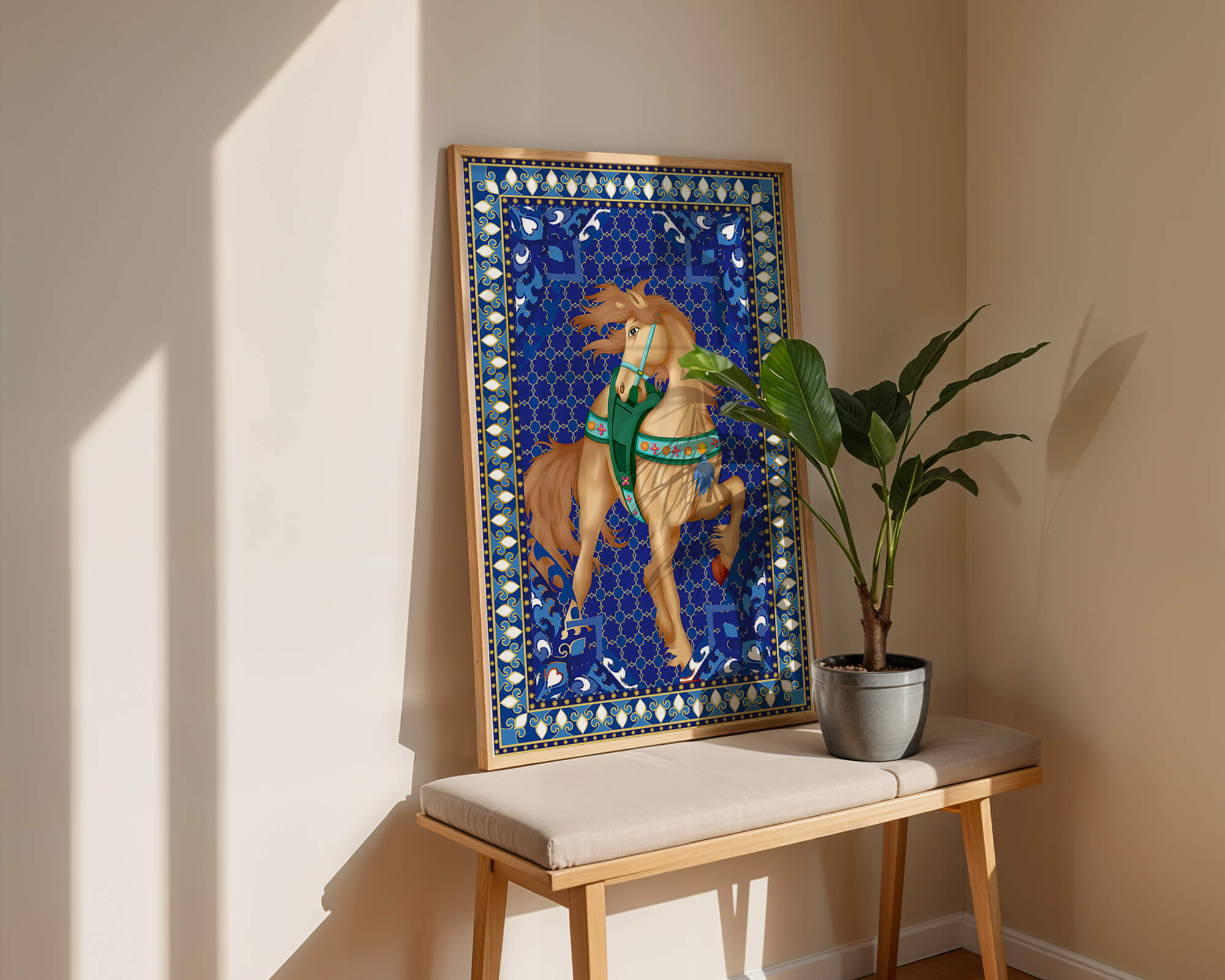 Intricate patterned horse art with a vibrant decorative border