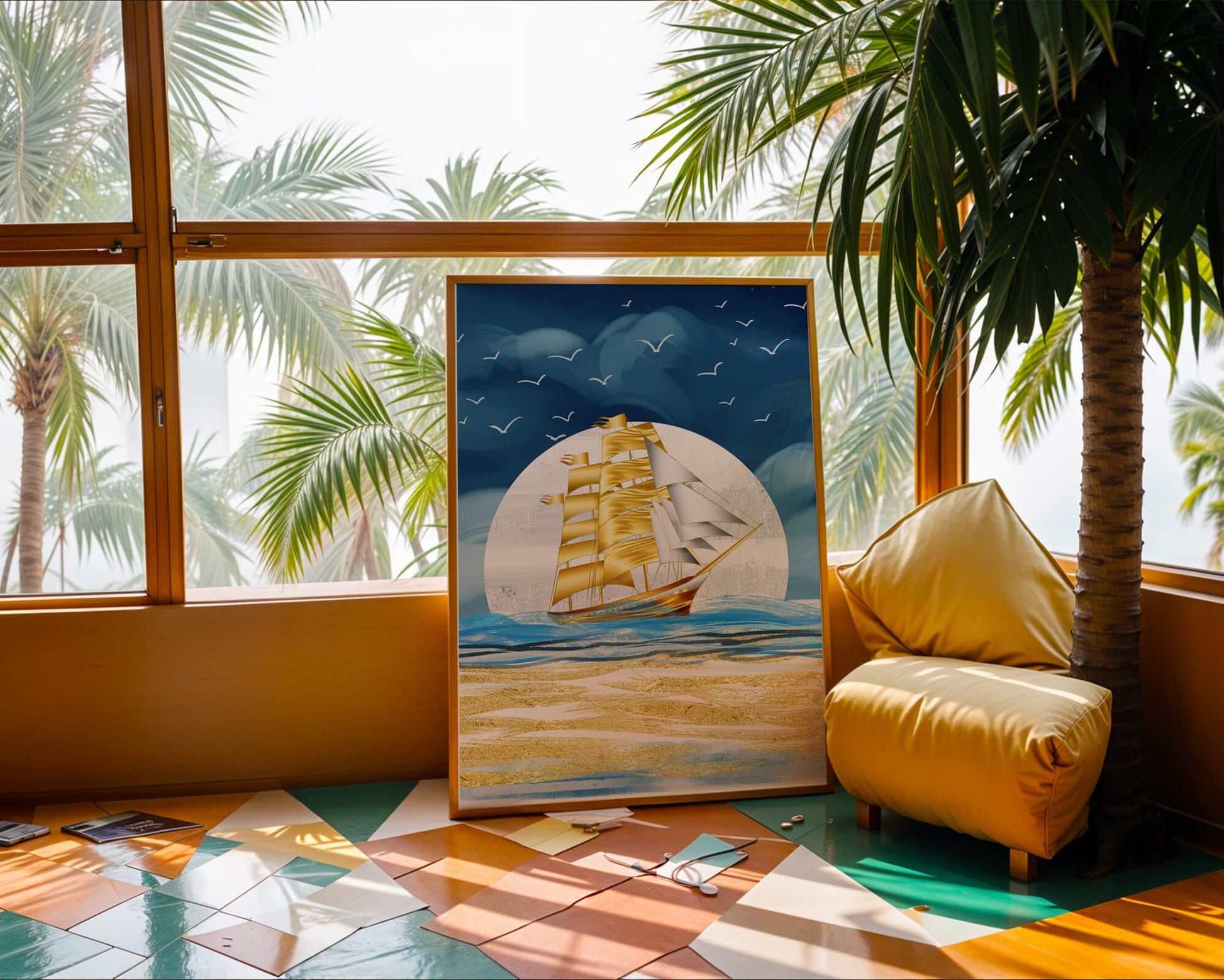 Golden Sailing Ship on the Sea with Seagulls and Blue Horizon