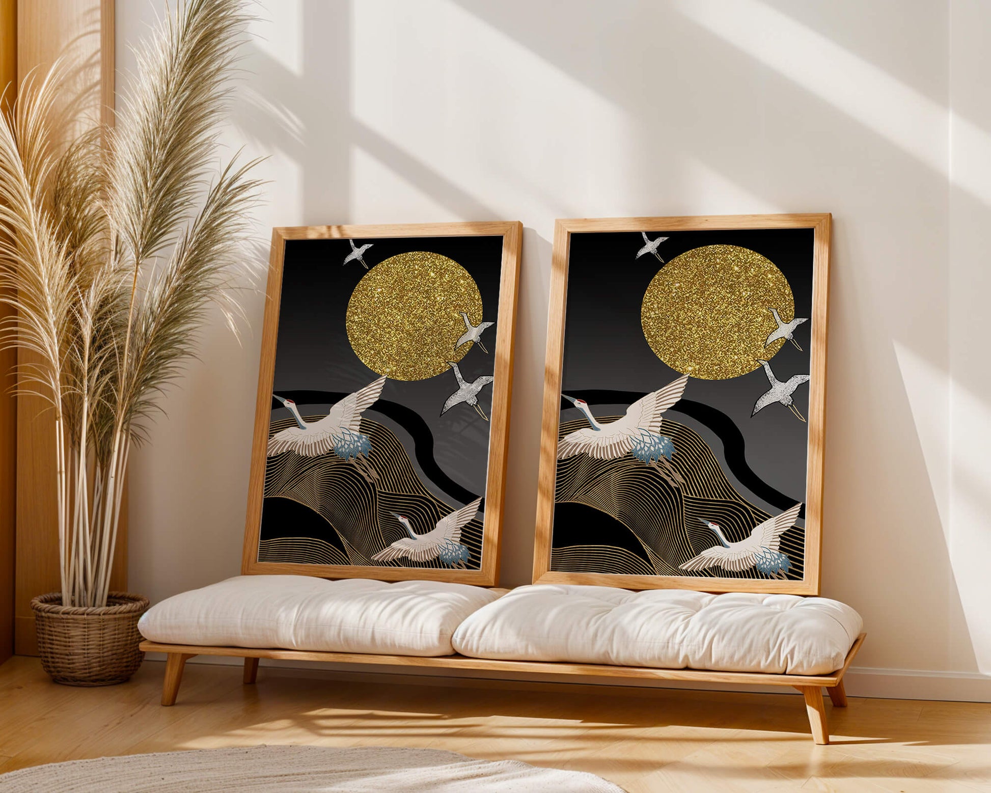 Elegant Cranes Soaring under a Golden Sun