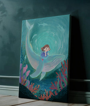 Underwater scene with child and whale surrounded by marine life
