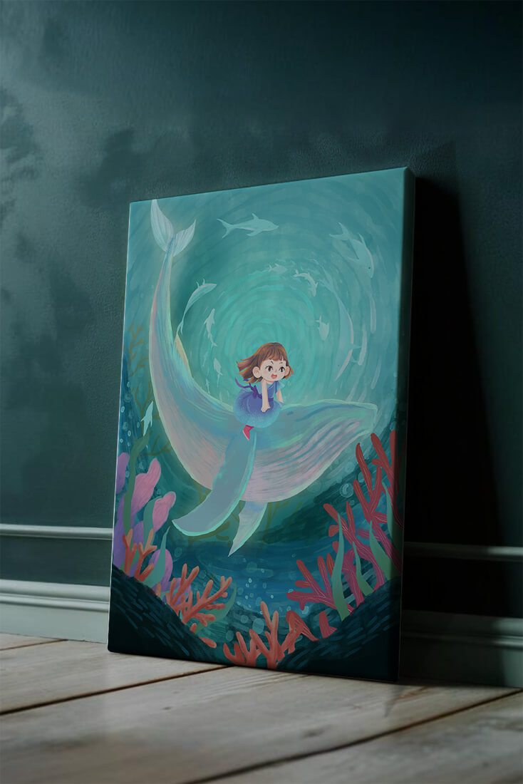 Underwater scene with child and whale surrounded by marine life