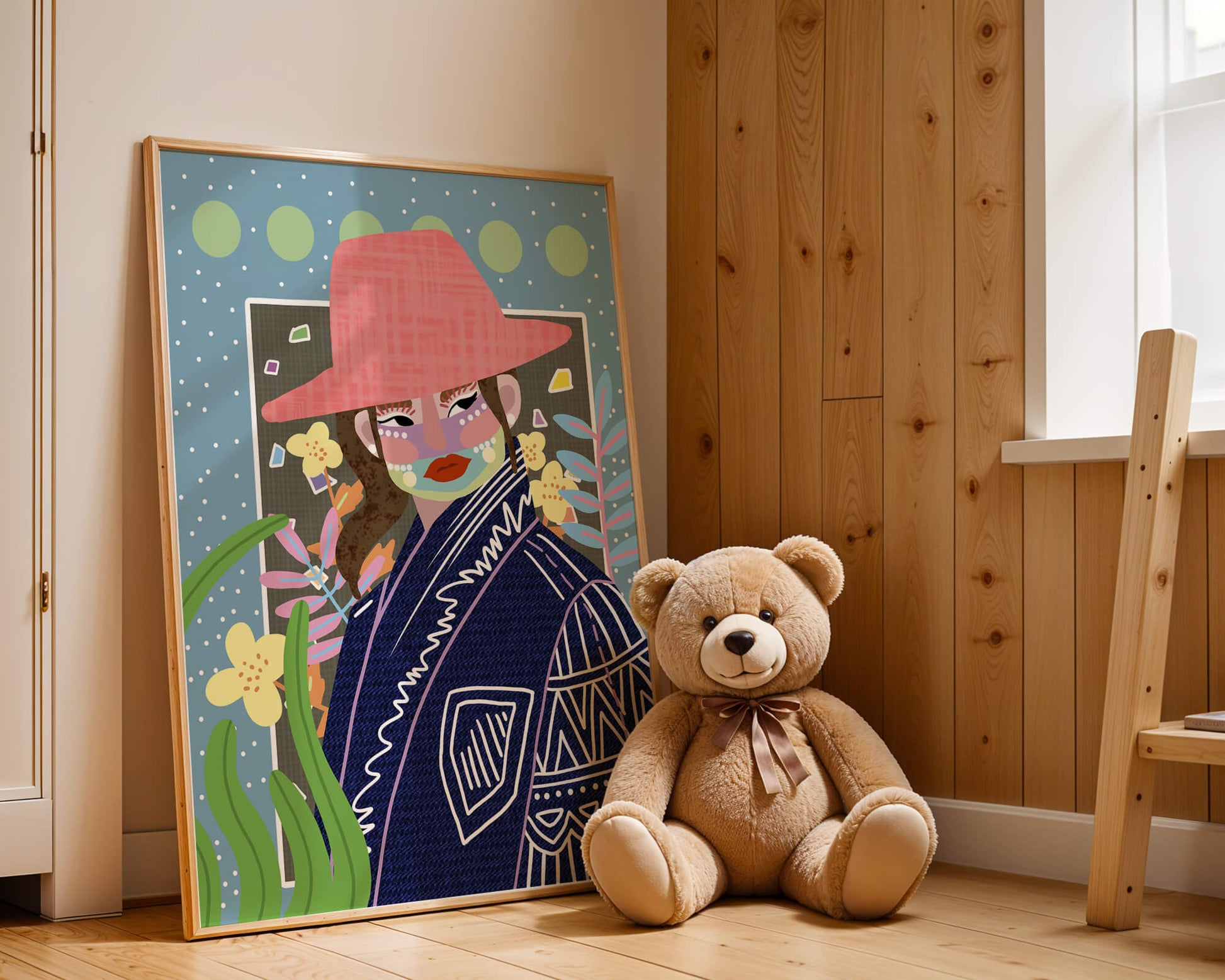 Retrato colorido con patrones y elementos abstractos