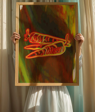 Abstract art featuring neon carrots on a colorful background