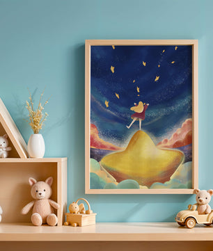 Girl standing on a golden hill reaching for stars in a dreamy night sky