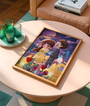 Ilustración de pareja romántica con estrellas y rosas en un entorno nocturno mágico