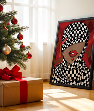 Abstract Art of Woman with Checkered Pattern and Red Lips - Mi tienda
