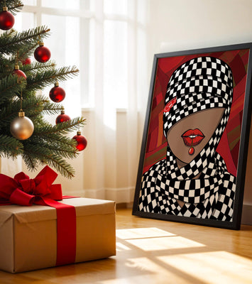 Abstract Art of Woman with Checkered Pattern and Red Lips