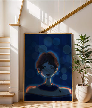 Illustration d'une femme avec des lumières bokeh et des boucles d'oreilles élégantes