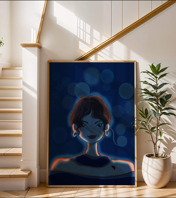 Illustration of a woman with bokeh lights and stylish earrings