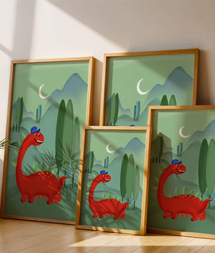 Whimsical red dinosaur in a serene nighttime forest