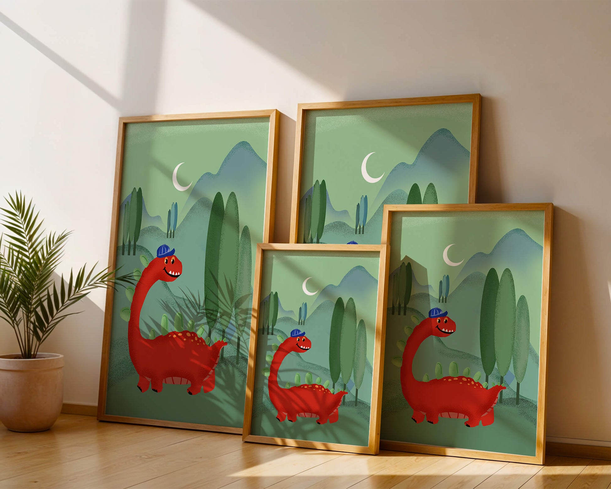Whimsical red dinosaur in a serene nighttime forest