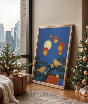 Lanterns and Birds Under the Night Sky