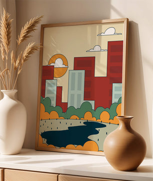 Cityscape At Sunset With Park And Lake