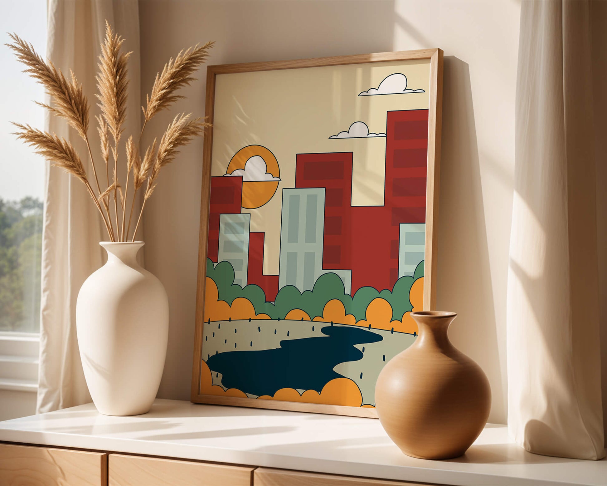 Cityscape At Sunset With Park And Lake