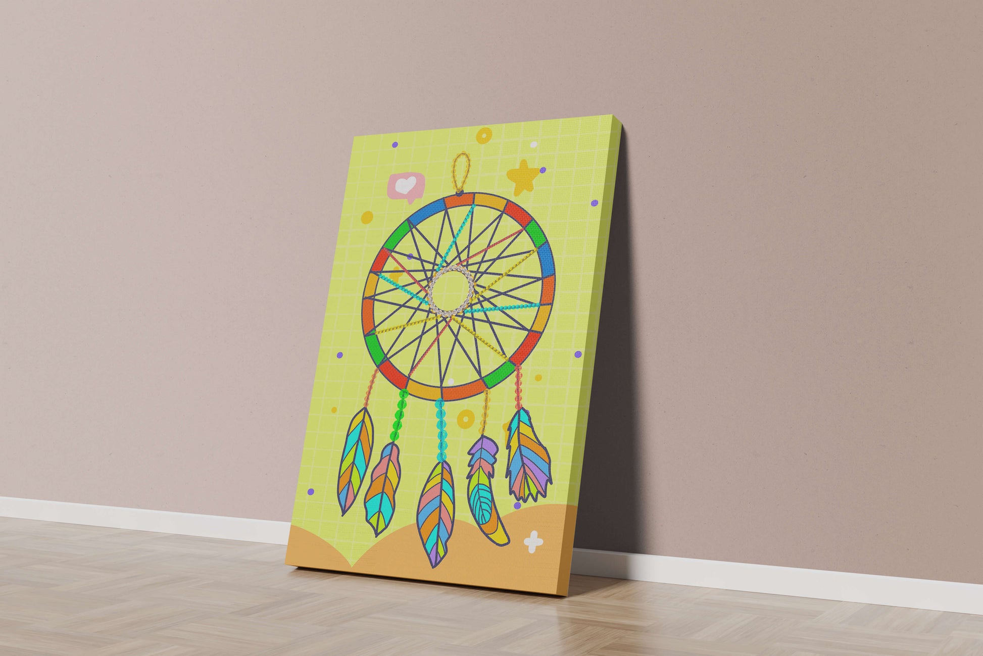 Colorful dreamcatcher on a vibrant yellow background